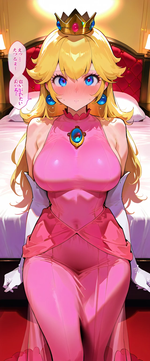 masterpiece, beautiful woman, adult female, cute, score_9, score_8_up , score_7_up , , rating_ general , 1girl , princess peach, pink dress, elbow gloves, crown, large breasts, source_anime, cowboy shot, full portrait, (slim, slender body, tight waist, toned body), (indoor, Aristocrat&#39;s Room, bedroom , Luxurious bed, dim), (full-face blush、speech bible:1.2), (lovely face, ecstacy, sweaty, be nervous, full blush), lovely hearts:1.4, throw, Sound effects:1.3, looking at viewer