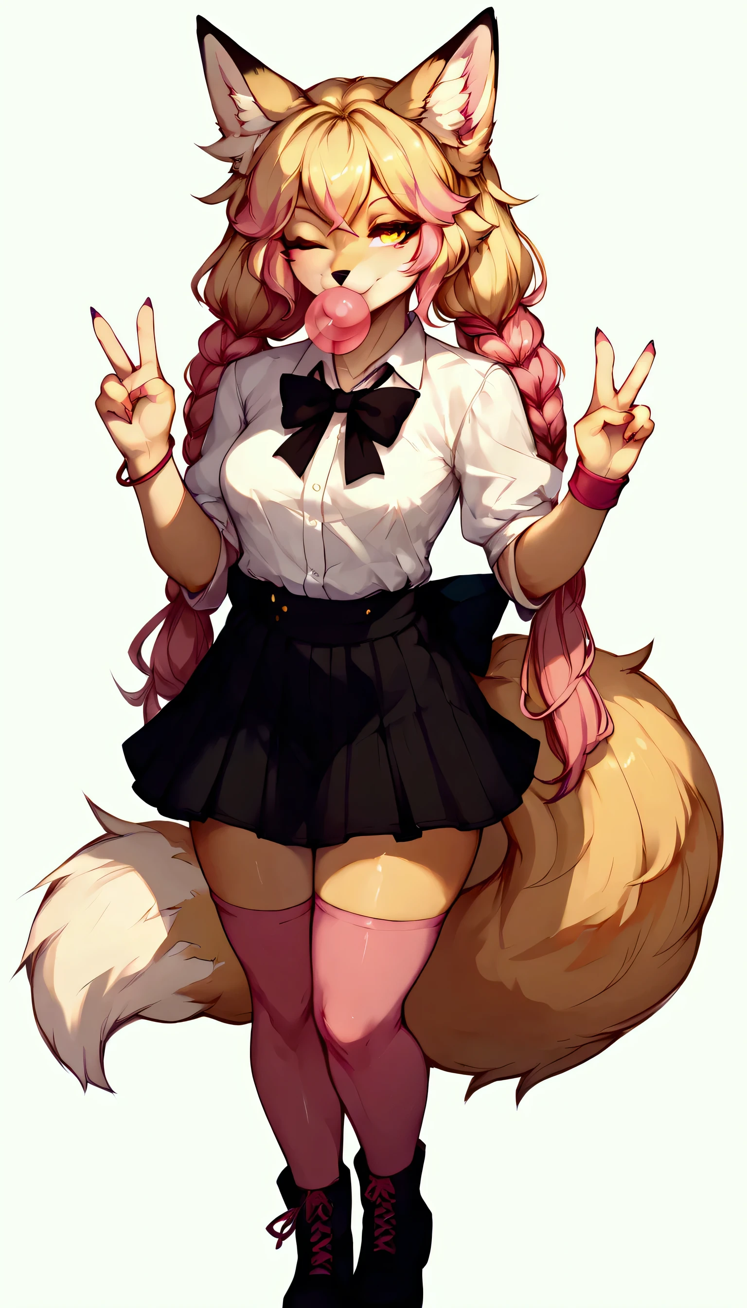 Solo, score_9,score_8_up,score_7_up, Kimiko, Anthro, Anthro furry blonde fox girl, blonde fur, long blonde hair, hair in pigtails, pink highlights in hair, yellow eyes, winking, one eye closed, smiling, fox ears and tail, she is wearing white preppy blouse, black skirt, black pump boots, pink thigh high socks, pink bracelets, blowing a bubble with bubblegum, bubblegum bubble in mouth, playful sexy pose, standing, hands to her side, simple white background, holding up a peace sign 