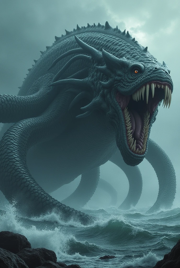 scary sea fur emerging from the gloom long neck snake-like body, green pique skin huge teeth huge fins, huge claws terrifying otherworldly