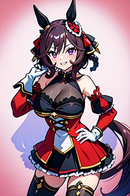 gentildonna,umamusume,1girl, animal ears, solo, purple eyes, horse tail,large breasts,,light smile,best quality,bare shoulders, white gloves, black belt on the chest, red dress, frills, ribbon, black skirt, thighhighs, white legwear, large breasts, hand on own hip, smug,