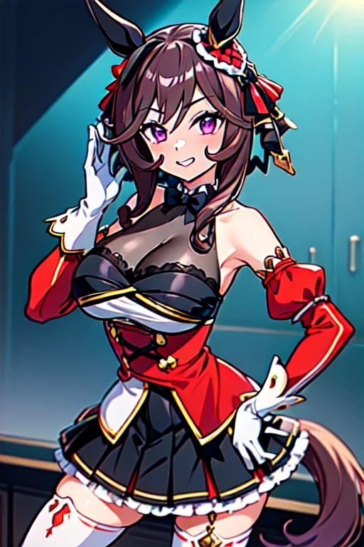 gentildonna,umamusume,1girl, animal ears, solo, purple eyes, horse tail,large breasts,,light smile,best quality,bare shoulders, white gloves, black belt on the chest, red dress, frills, ribbon, black skirt, thighhighs, white legwear, large breasts, hand on own hip, smug,