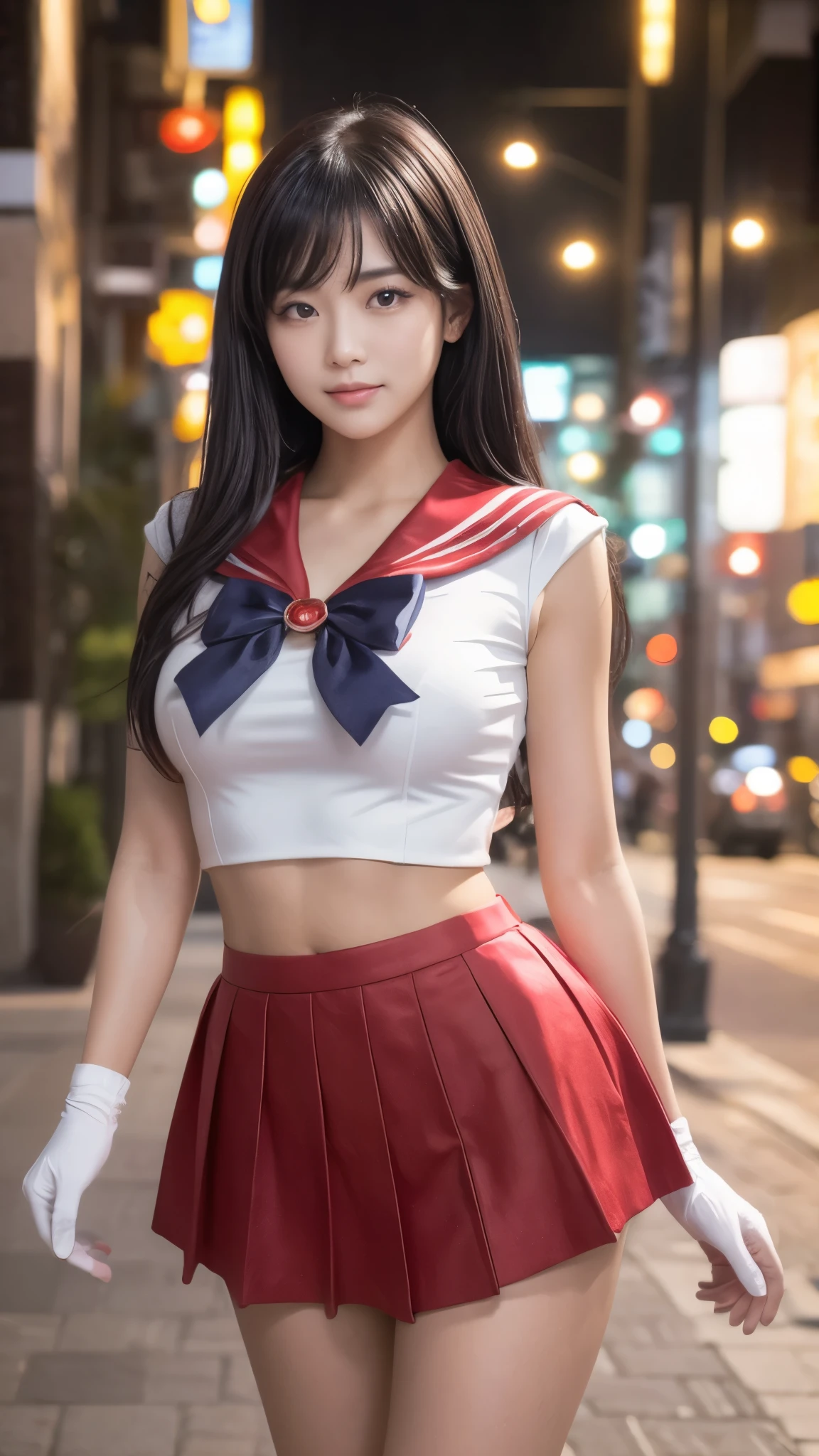 A masterpiece, high quality, A realistic depiction of a young woman with long black hair, bangs, body from head to thigh, wearing a sailor-style outfit inspired by the anime Sailor Mars. The outfit includes a white top with a red sailor collar, a large purple ribbon on her chest, and a super short red pleated skirt, long white gloves, elbow-length gloves (with red bracelet-like ends). A very beautiful Japanese woman, sweet smile, thin smile, sparkling red lips, beautiful eyes, red eyes, large and red pupil cylinders, large breasts, firm breasts, large waist, large thighs, sexy stomach, flat stomach, chubby body, sweet black skin, Indonesian skin. Red necklace (golden pearl in the middle of the necklace), small golden tiara on the forehead. She stands looking at the camera, striking a sexy pose, an elegant pose. She stands in the middle of a modern city street with tall buildings in the background (faintly), under warm lighting that enhances a bright and soft aesthetic (professional lighting). The overall style is detailed and photorealistic, with a focus on capturing the character's charm. Realistic.