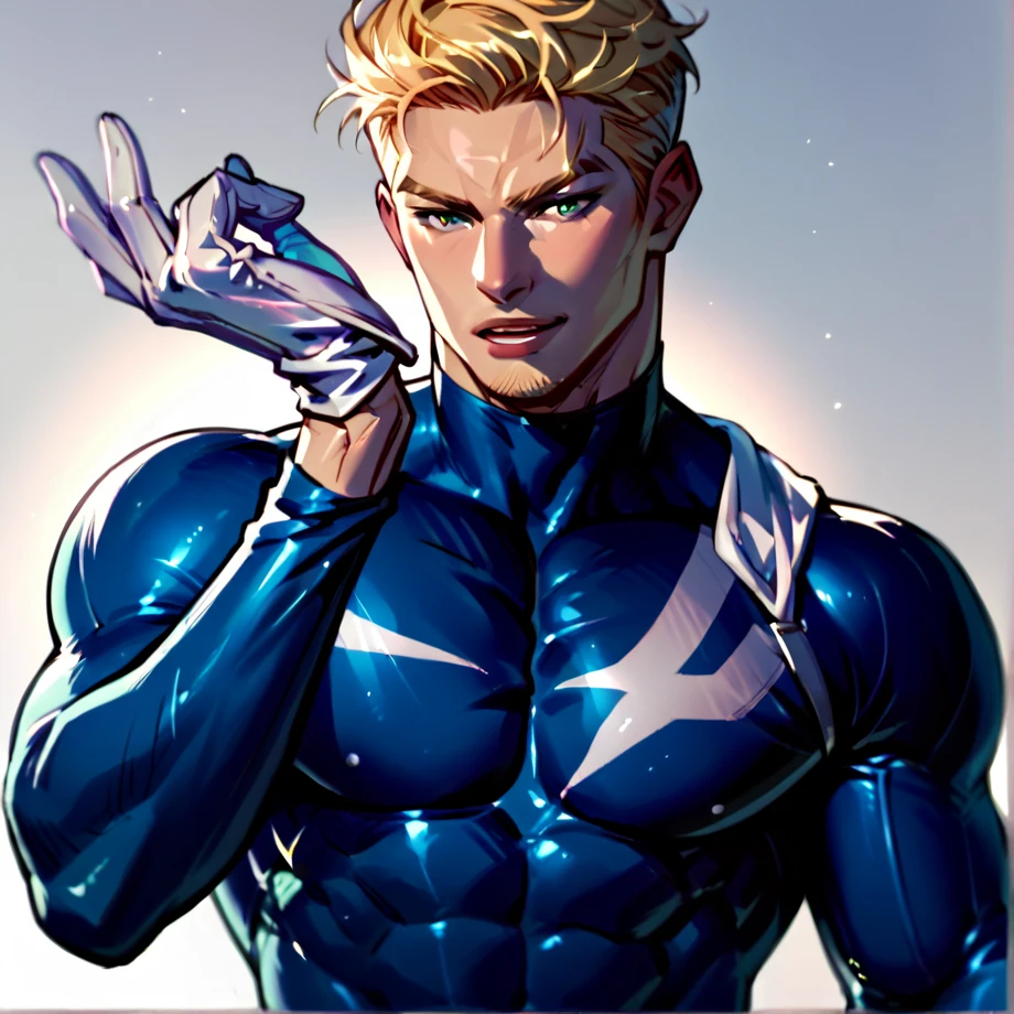 Handsome muscular blonde haired man with green eyes wearing blue Spandex superhero suit with white cape, adjusting gloves with lips, white gloves,