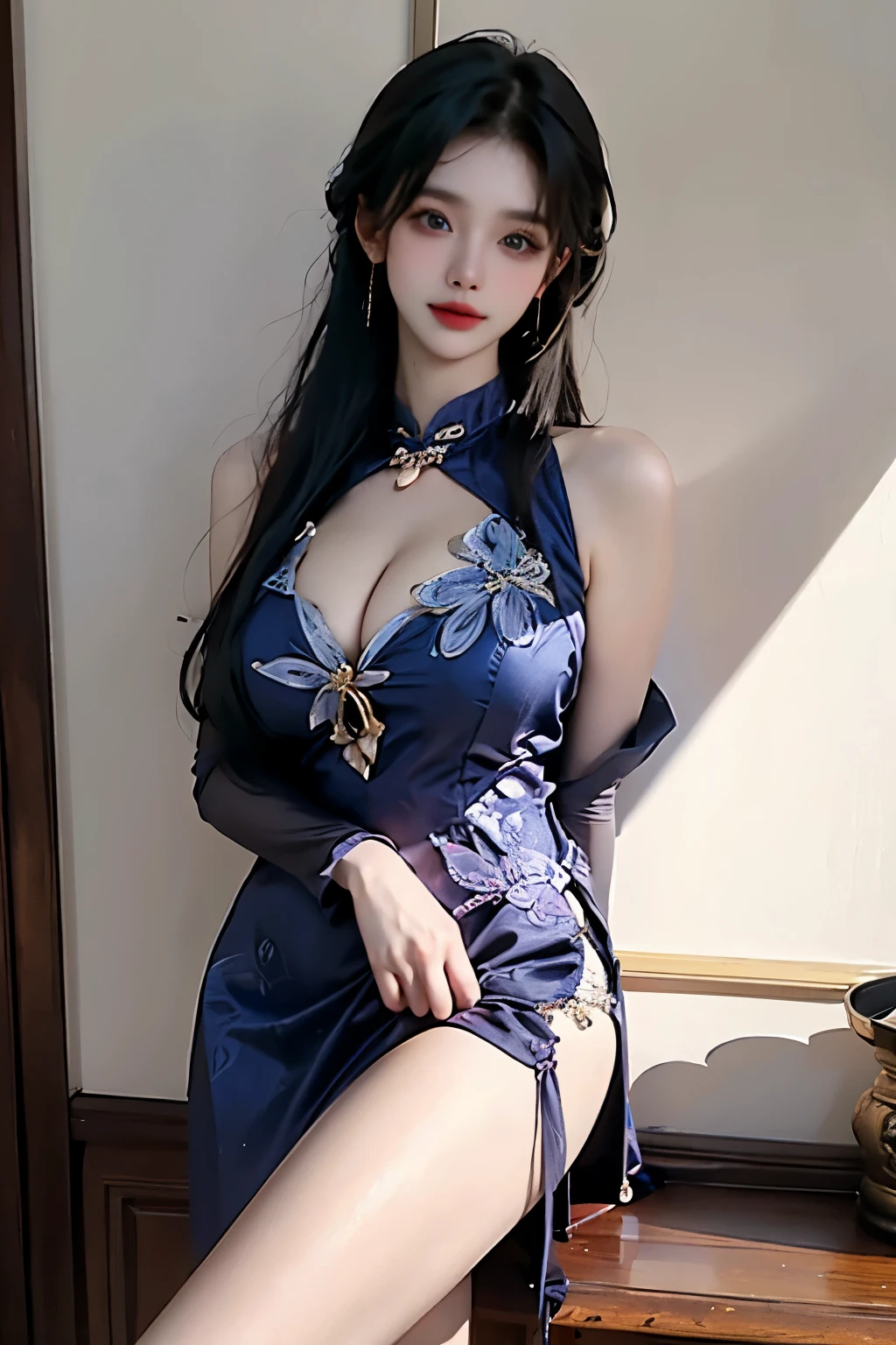 yinziping, lantingyue,
chinese clothes, china dress,qipao,blue dress, bare shoulders, detached sleeves, floral print, sleeveless dress, see-through, covered navel, ,((Portrait-oriented, focusing on the subject's body above the calves)), (from below:1.2), (Full chest, deep V-neck, visible cleavage), (I-type Valley), (Very short hemline, revealing smooth thighs), Realistic beautiful woman, sexy long-legged model, standing gracefully with elegance.     The model's pose features a slight knee bend on one leg, while one hand elegantly lifts the hem of her skirt up to her thigh.   soft natural makeup, and her hair flows beautifully in the gentle breeze.  Photorealistic lighting and shadows, high detail, 4K resolution.