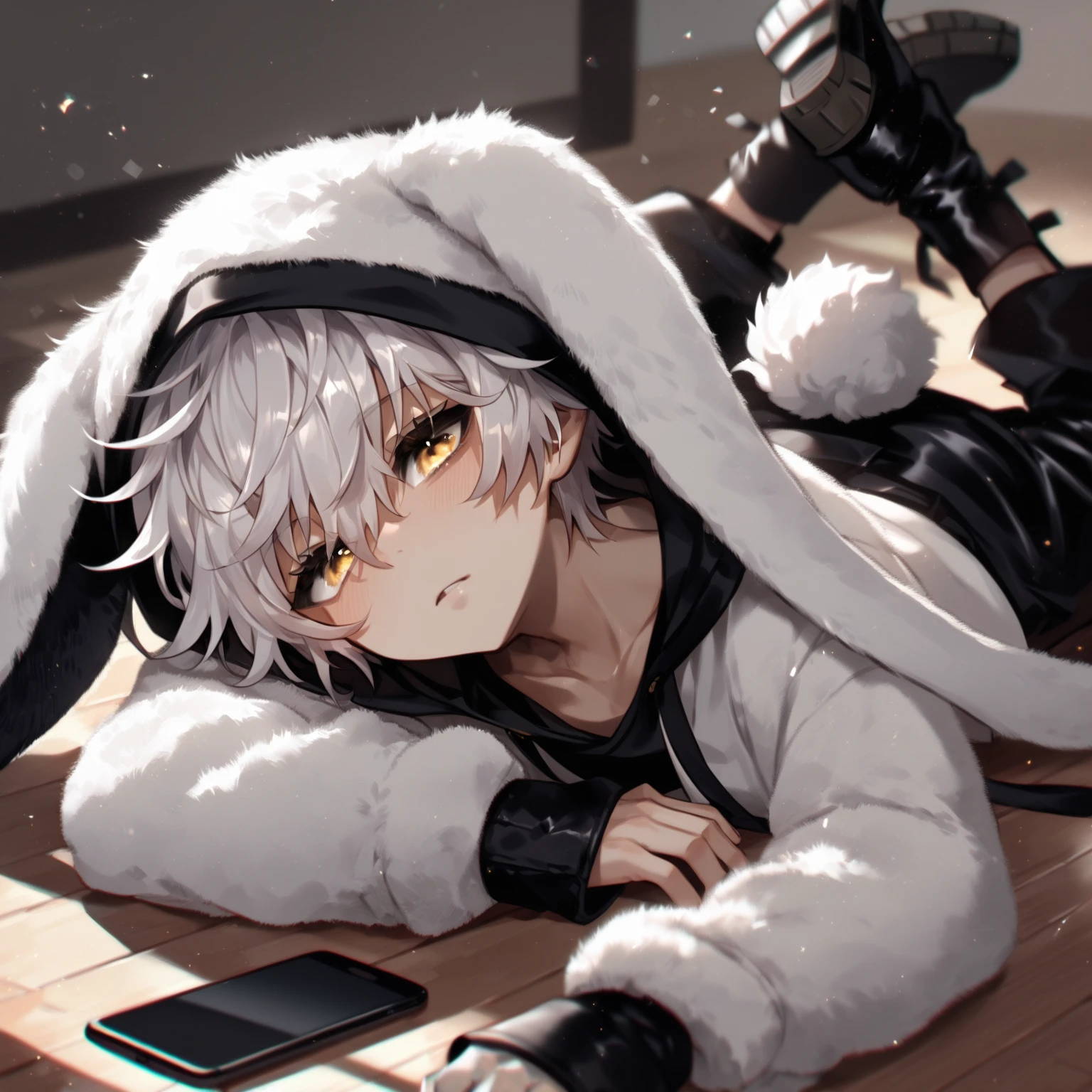  dark skin ,  White-haired boy chibi ,  messy albino hair bangs falling down his eyes,  golden eyes , sharp pupils ,  framed black eyelashes ,  with brown skin , Dark boy,  rabbit ears, bunny tail, hybrid,  fluffy white hoodie ,  black pants , black boots,  black gloves,  lying on the floor face down , exhausted, Ojeroso ,  with a phone next to ,  Jujutsu Kaisen ,  perfectly detailed image , Chibi version