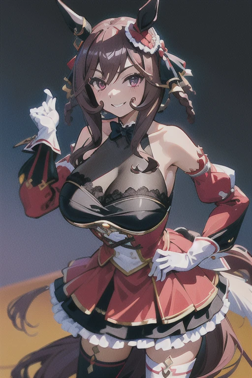 gentildonna,umamusume,1girl, animal ears, solo, purple eyes, horse tail,large breasts,,light smile,best quality,bare shoulders, white gloves, black belt on the chest, red dress, frills, ribbon, black skirt, thighhighs, white legwear, large breasts, hand on own hip, smug,