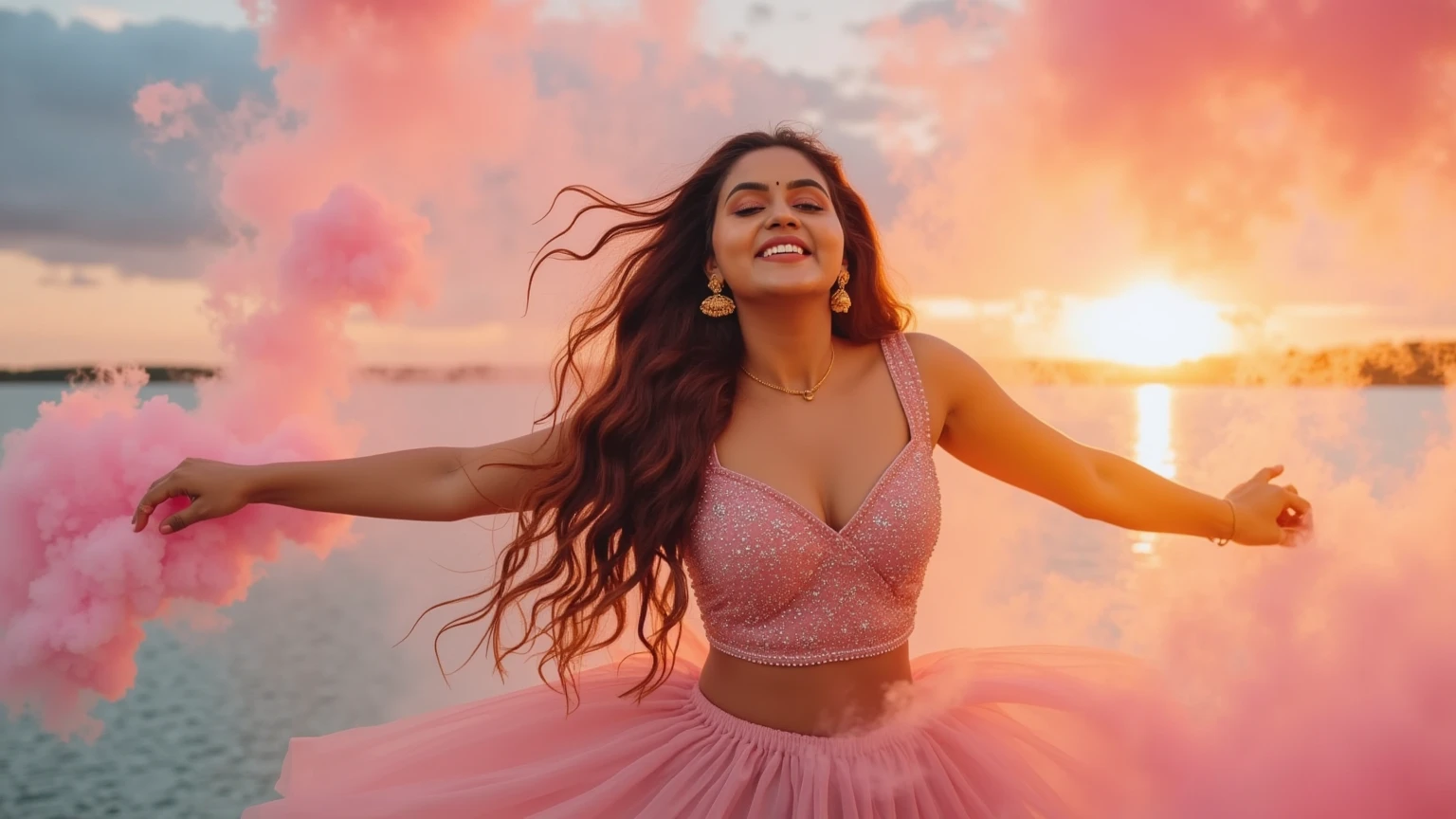 Dreamlike portrait of a Indian woman floating in a sky filled with vivid, colorful clouds, painted in shades of pink, orange, and blue. Her hair moves as if in slow motion, and her outfit sparkles like tiny stars. The sun is setting in the background, casting a warm, golden light that complements the surreal, vivid environment