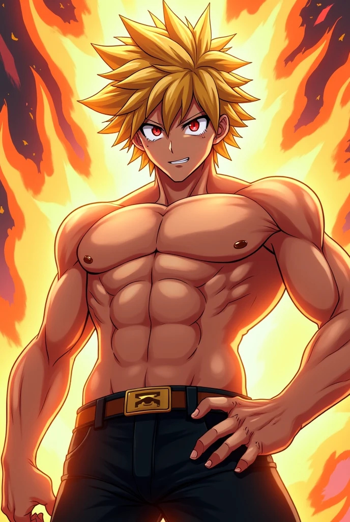 anime blond guy, no shirt, black jacket, medium hairs, muscles, fire powers, anime style 2d, 4k, blue aura, brown skin, full body