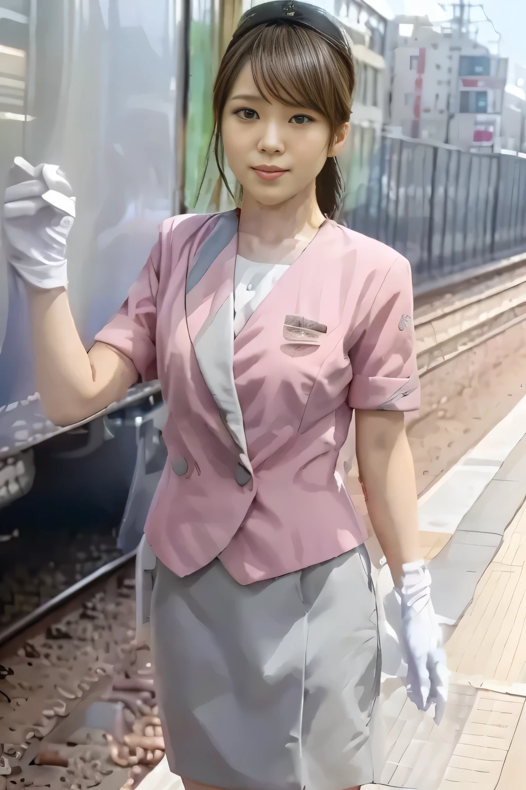 (Masterpiece:1.2,  best quality :1.2), 32kHDR,  there's nothing there, (Alone、  1 girl)、（ On the roof of the building during the daytime  、  professional lights ）、  against the roof of a building  、（ Nankai train crew uniform pinkのリアルスタイル ）、（（  Nankai train crew uniform pink short sleeve jacket  ））、（（Nankai train crew uniform pink short sleeve collarless blouse ））、（（Nankai train crew uniform pinkのグレーの巻きラップキュロットスカート））、  dark brown hair  、（ hair gathered、 hair bang、 hair bang）、  dark brown hair  、 long hit 、 Big Breasts、Thin legs、（（ Amazing hands ：2.0）），（（ harmonious body proportions ：1.5）），（（Normal limbs：2.0）），（（The usual ：2.0）），（（ Delicate eyes full of determination  ：2.0）），（（Normal eyes：2.0））)、smile 、Hands crossed underneath  
