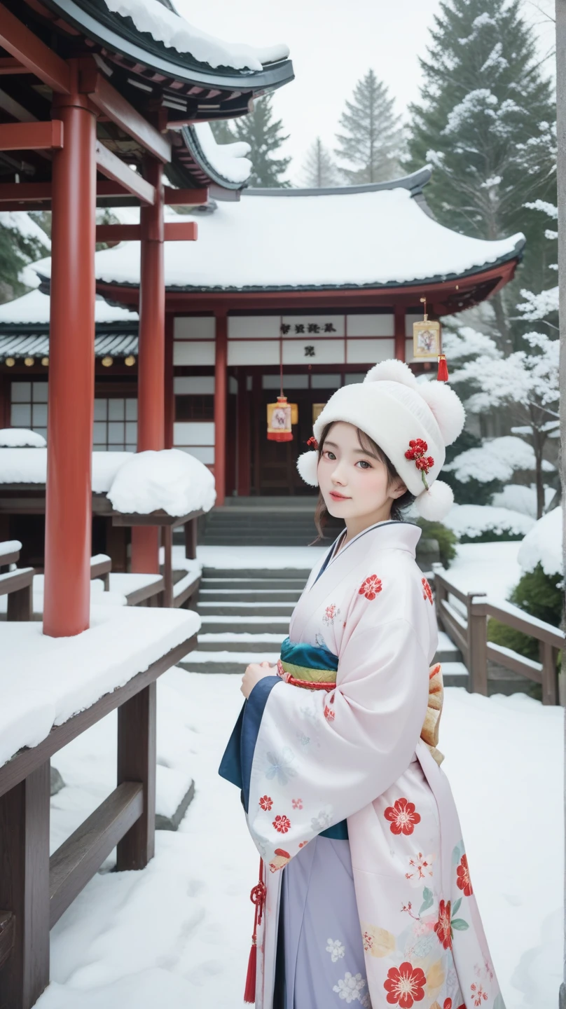 (Masterpiece,  best quality :1.2),  1 GIRL, Alone,  little chest,  coming-of- ceremony photos ,  kimono, Long-sleeved kimono, Clear posture, Healthy Photos,  snowy shrine ,  Snow Scenery , Winter protection measures ,  very cute girl, 