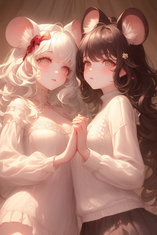 Twins, Mouse Girls, short hairy white hair ,  big round mouse ears,  white sweater,  holding hands , (( dark brown eyes)),  couple,  beautiful,  glossy lips,  detailed eyes  