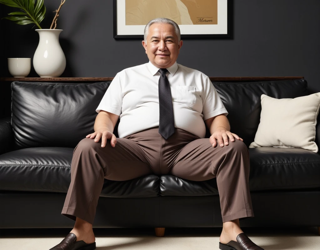 raw 4k photo, full body view, a 78 years old japanese old man, looking straight at viewer, round face, sweetest smile, big chubby fat, fat tummy short gray/white thinning hair, clean shaven, wearing white shirt and tie, a hugging tight brown colour trousers, brown loafer shoe, sit back on a big black leather sofa in his modern architecture living room, right hand grab his crotch and left hand on his thighs, Dark gray colour wall background, face looking straight at viewer, spread legs wide open, showing his small bulge, highly detailed bulge, large testicles print outline, highly detailed bulge with big penis print outline, shp highly detailed, exceptional realism, bright lighting, hyper realistic,, highly detailed, exceptional realism, highly detailed, hyper realistic 