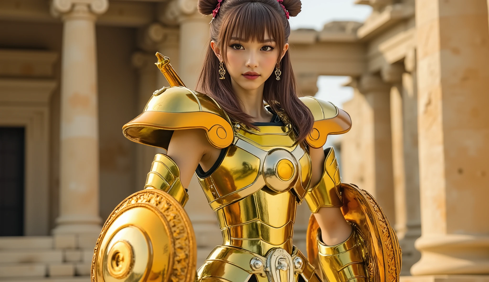 (8k, best quality , Masterpiece:1.2, very detailed),( beautiful Japanese woman holding a panty ), (Medium long, unkempt hair), brown hair,Shining golden armor, Greek temple background , full body shot ,( Very Realistic ),( live action ), zoom out
