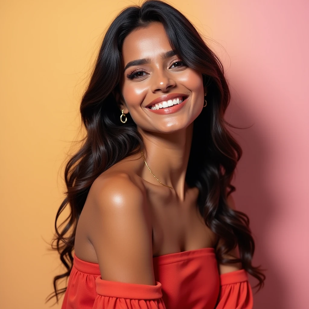 There is a young, Beautiful indian woman, who looks to the future like Katrina Kaif, Smiles into the camera, beautiful teeth, She looks into the camera, a portrait from raw photo, body, conservative modern europen color dress, ((hair Side-Swept Bangs), 
