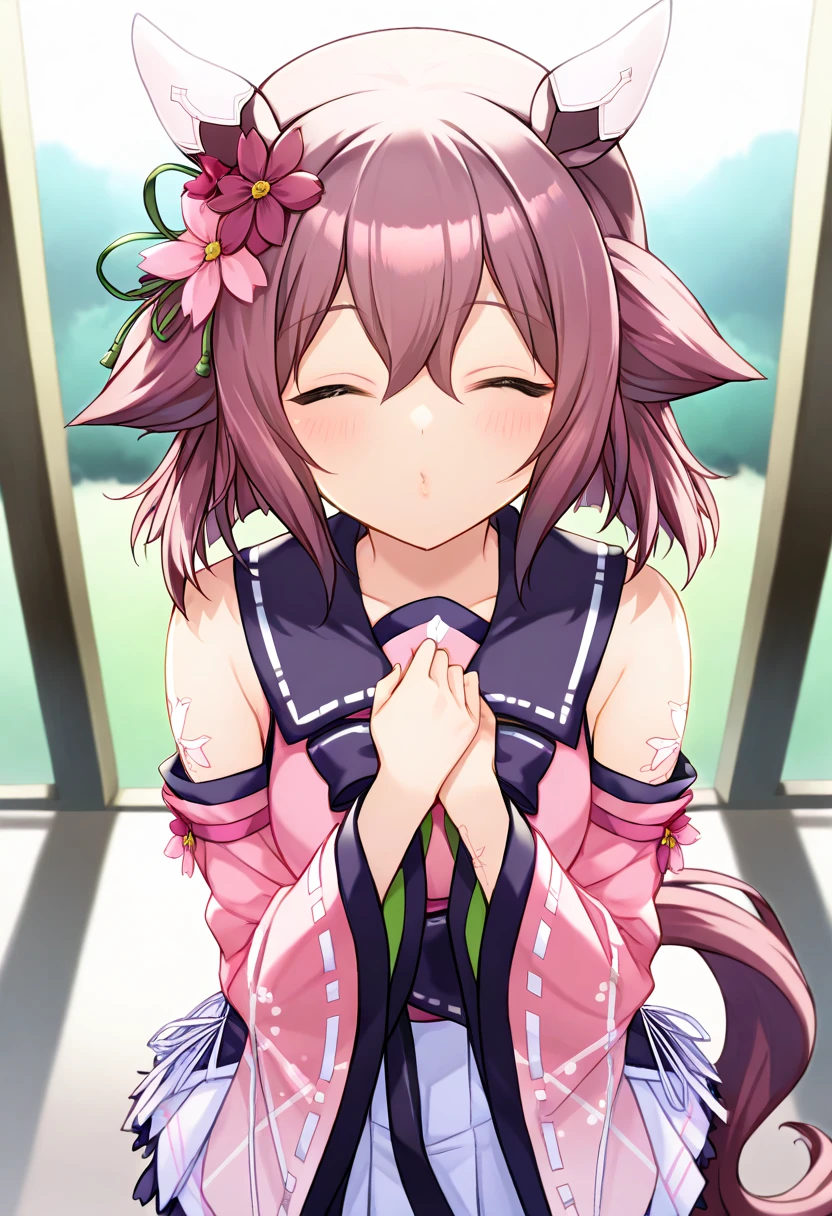 cowboy shot, standing, pursed lips, hands on own chest, close eyes, ((1 girl)), umamusume, Sakura Chiyono O, 1girl, solo, eyes, animal ears, horse ears, horse girl, horse tail, hair ornament, pink hair, hair flower, hair between eyes, medium hair, hair flaps, ((masterpiece)), (best quality), (absurdres), (ultra detailed), (very aesthetic)