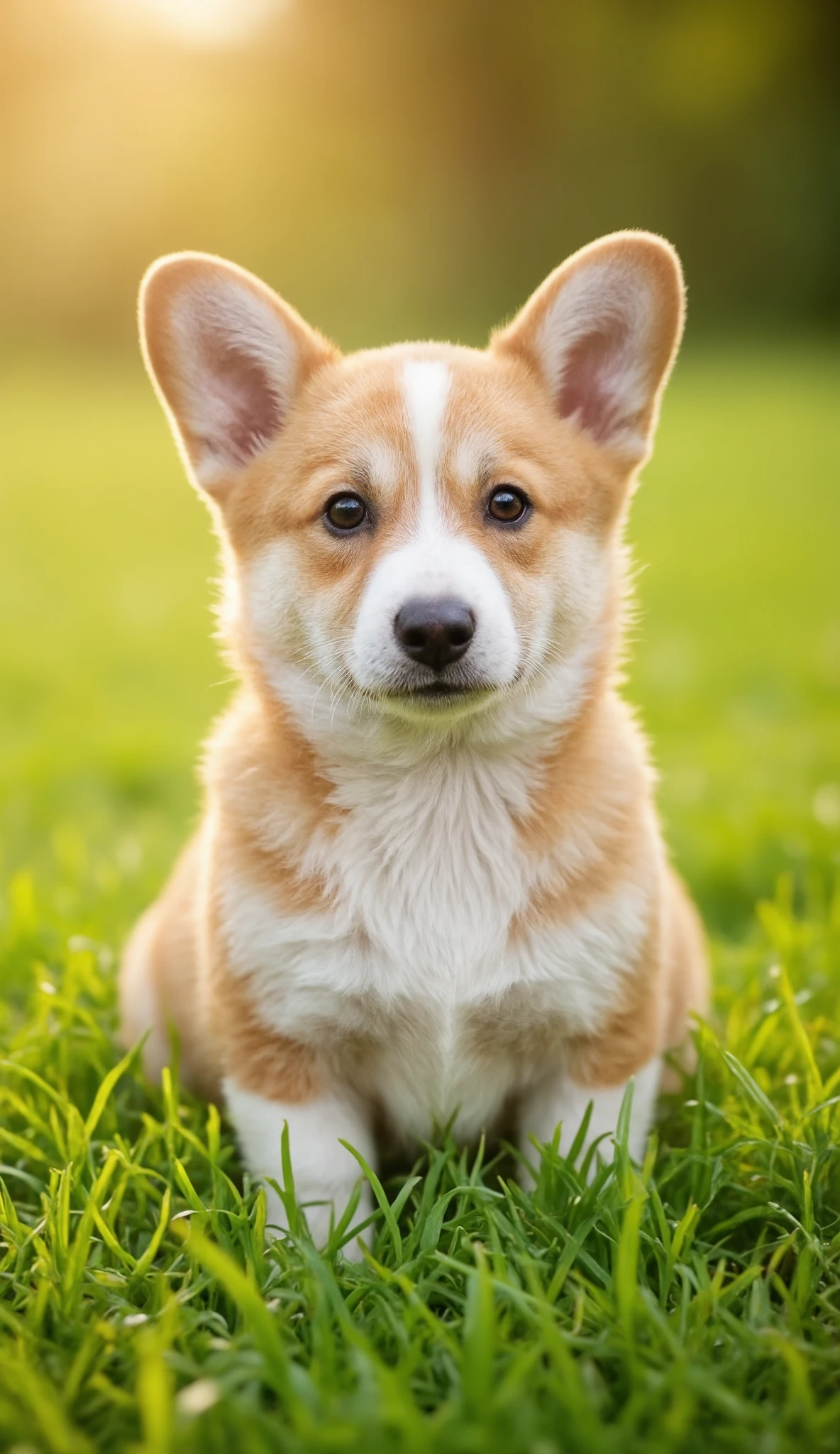 Corgi puppy, sitting on a lush green meadow, looking curiously at the camera, playful, innocent], [photographic image, realistic style], [soft, warm sunlight, focus on the puppy's eyes, shallow depth of field, slightly blurred meadow background, soft fur texture, golden and green color palette]