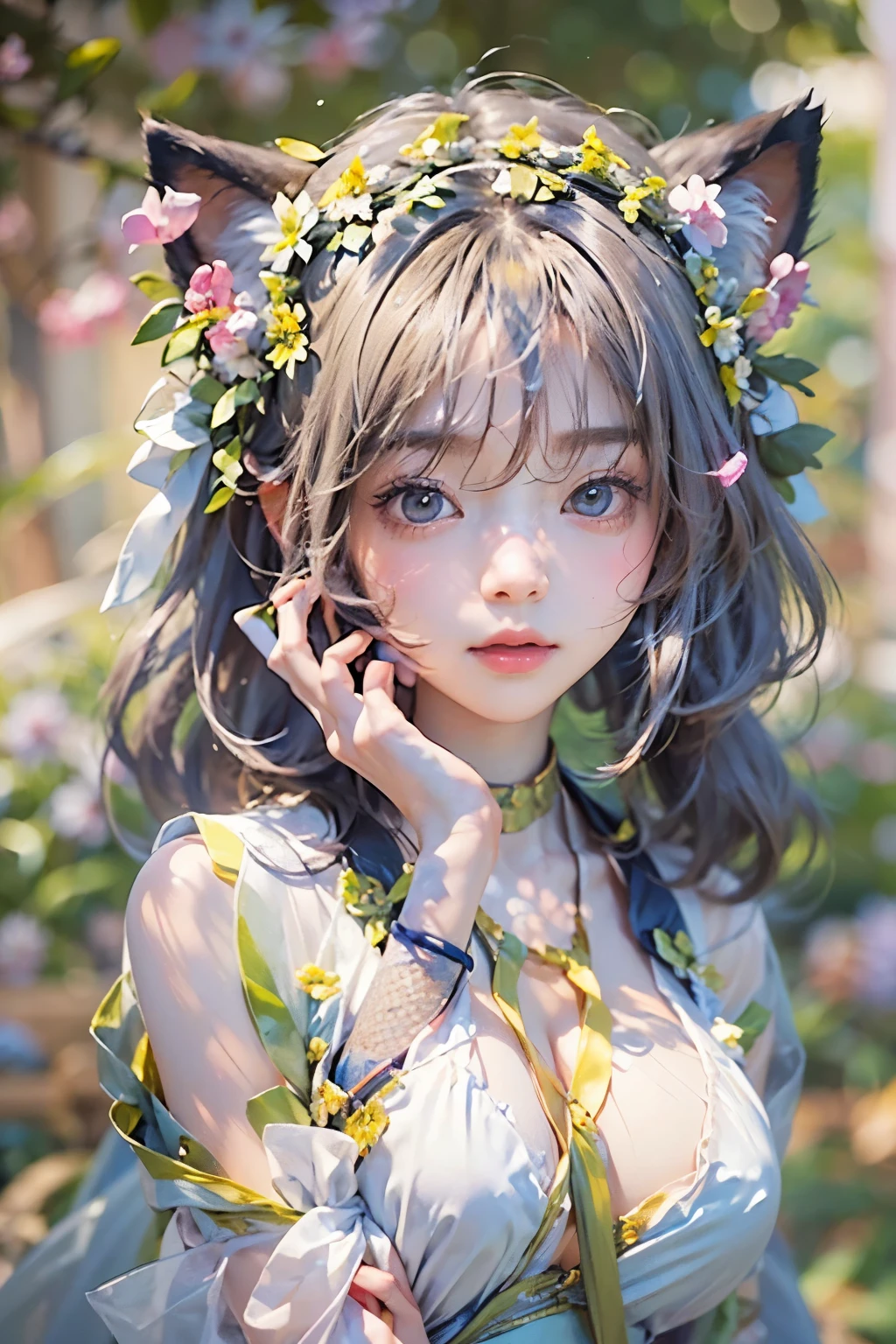 Portrait of a Young Japanese Woman 、 one girl outside running 、18 years old、Alone、( The whole body is projected )、(Completely naked)、( 。 not facing forward 、 Her Thin Nude Body , See-through silk:1.2)、( Photo from above:1.2)、( lie down )、( Sensual World)、 BEAUTIFUL AND ATTRACTIVE 、 Embarrassed Expression 、 Shows off her face standing on the floor 、 DETAILED FACE DESCRIPTION 、 Fill me with your strong eyes 、 black hair、 Shaded Short Hair 、 semi-long 、 bob cut、 Hair bangs、 hair accessories、(cat ears)、 black cat costume 、 White cat costume 、 choker 、(Sheer Chiffon Lingerie )、 sexy mini dress、 small breasts、 Has 2 Ears Hidden in Her Hair 、Moist Skin 、 Cinematic Light 、Soft light、( soft focus )、(Bokeh:1.2)、break( Colorful Flowers 々Surrounding )、Decoration、(Particles of light)、(Shine)、light、( Fractal Art )、( great background )、(Aesthetic World)、( Alphonse Mucha Style )、( Edmund Layton Style )、( DAVID HAMILTON STYLE )、( top quality , Masterpiece, High Definition )、8k、 wallpaper