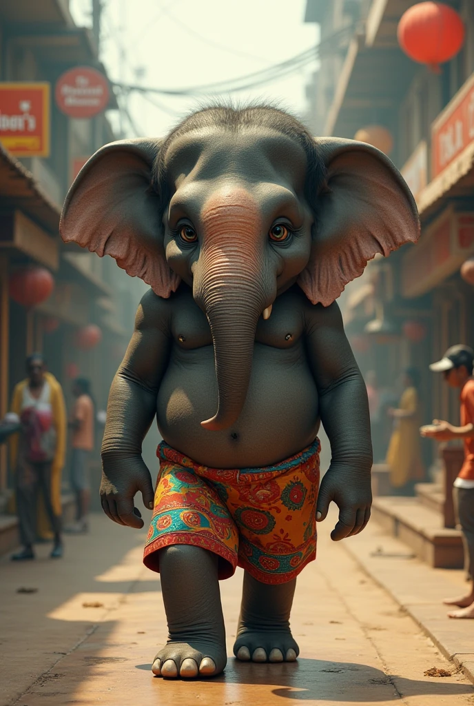 strong elephant standing like a human smiling, who trains, training shorts