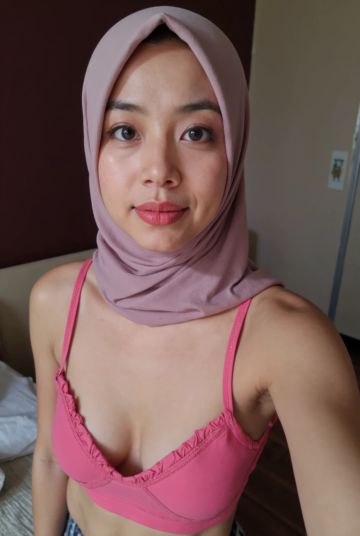 A 40 years old Malay woman wearing a hijab, a tank bra, one hands up pose, erotic mood, revealed the armpits , she was wearing that tank bra and pink colors . the picture is taken by self selfie, showing an sexy face. Sweat, in the background, at noon, in bedroom, Textured Skin, , Bored,