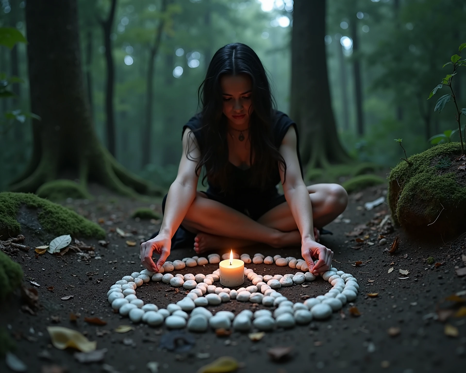 Please give me ultra hd 4k background,A close-up of A scantily dressed in rags black-haired young sexy woman forms a pentagram from small white stones on the dirt ground in the dense forest. Background of tall trees, moss-covered rocks, and scattered leaves with soft moonlight filtering through the canopy. the image is very dark, nocturnal, the girl's surroundings are illuminated by a candle in the center of the pentagram