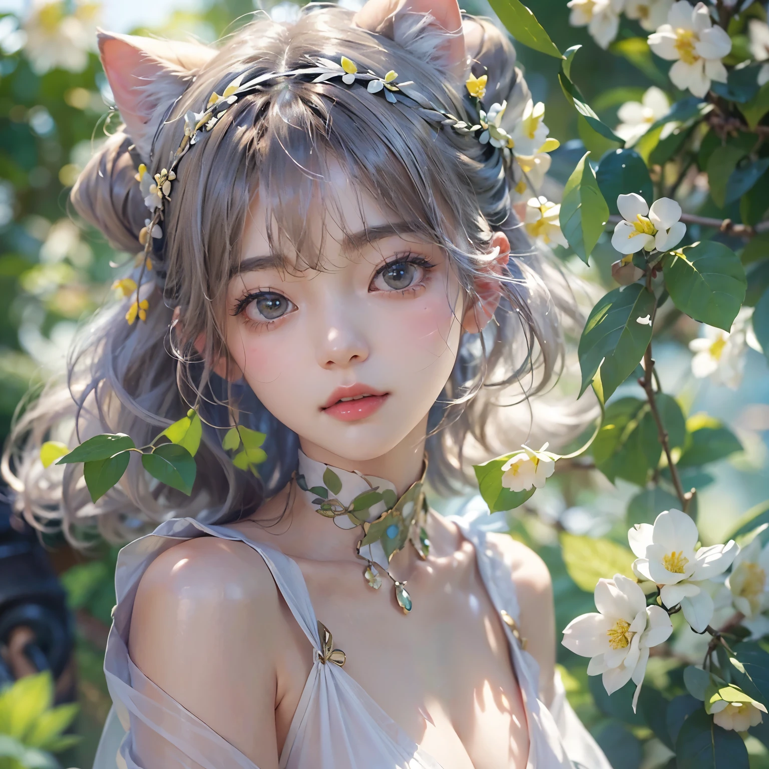 Portrait of a Young Japanese Woman 、 one girl outside running 、18 years old、Alone、( The whole body is projected )、(Completely naked)、( 。 not facing forward 、 Her Thin Nude Body , See-through silk:1.2)、( Photo from above:1.2)、( lie down )、( Sensual World)、 BEAUTIFUL AND ATTRACTIVE 、 Embarrassed Expression 、 Shows off her face standing on the floor 、 DETAILED FACE DESCRIPTION 、 Fill me with your strong eyes 、 black hair、 Shaded Short Hair 、 semi-long 、 bob cut、 Hair bangs、 hair accessories、(cat ears)、 black cat costume 、 White cat costume 、 choker 、(Sheer Chiffon Lingerie )、 sexy mini dress、 small breasts、 Has 2 Ears Hidden in Her Hair 、Moist Skin 、 Cinematic Light 、Soft light、( soft focus )、(Bokeh:1.2)、break( Colorful Flowers 々Surrounding )、Decoration、(Particles of light)、(Shine)、light、( Fractal Art )、( great background )、(Aesthetic World)、( Alphonse Mucha Style )、( Edmund Layton Style )、( DAVID HAMILTON STYLE )、( top quality , Masterpiece, High Definition )、8k、 wallpaper