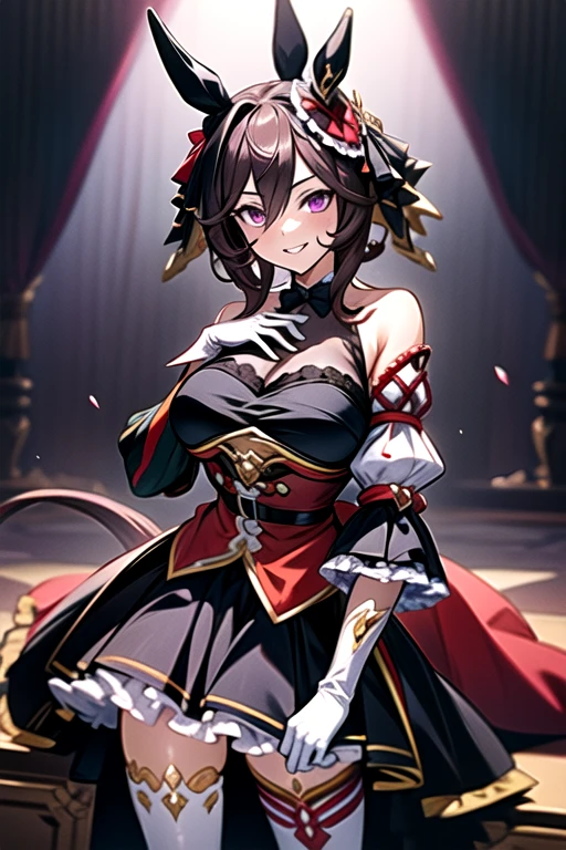 gentildonna,umamusume,1girl, animal ears, solo, purple eyes, horse tail,large breasts,,light smile,best quality,bare shoulders, white gloves, black belt on the chest, red dress, frills, ribbon, black skirt, thighhighs, white legwear, large breasts, hand on own hip, smug,