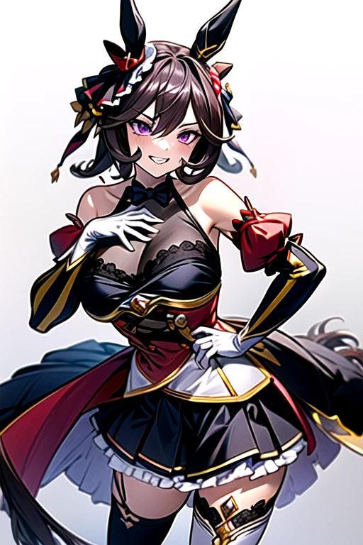 gentildonna,umamusume,1girl, animal ears, solo, purple eyes, horse tail,large breasts,,light smile,best quality,bare shoulders, white gloves, black belt on the chest, red dress, frills, ribbon, black skirt, thighhighs, white legwear, large breasts, hand on own hip, smug,