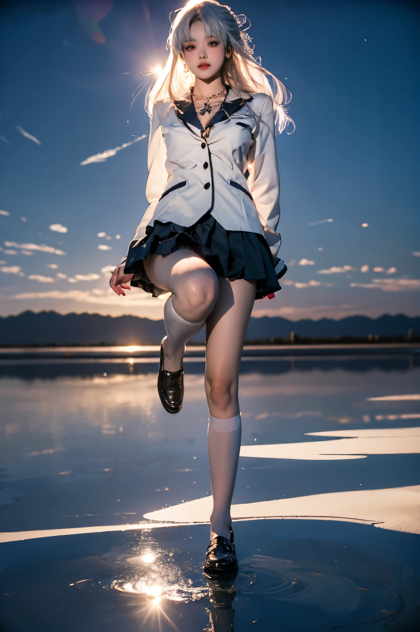 tachibana kanade, 1girl, solo, cosplay,
school uniform, jacket,blazer, long sleeves,neck ribbon,gem,necklace, pleated skirt, kneehighs, loafers,
yellow eyes,white hair, long hair,bangs, hair pulled back,
mirror of the sky, reflection, different reflection, ,((Portrait-oriented, focusing on the subject's body above the calves)), (from below:1.2), (Full chest, deep V-neck, visible cleavage), (I-type Valley), (Very short hemline, revealing smooth thighs), Realistic beautiful woman, sexy long-legged model, standing gracefully with elegance.     The model's pose features a slight knee bend on one leg, while one hand elegantly lifts the hem of her skirt up to her thigh.   soft natural makeup, and her hair flows beautifully in the gentle breeze.  Photorealistic lighting and shadows, high detail, 4K resolution.