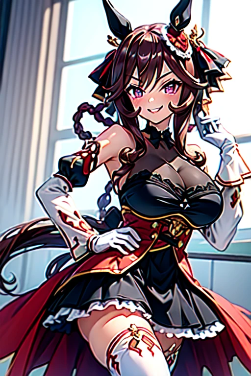 gentildonna,umamusume,1girl, animal ears, solo, purple eyes, horse tail,large breasts,,light smile,best quality,bare shoulders, white gloves, black belt on the chest, red dress, frills, ribbon, black skirt, thighhighs, white legwear, large breasts, hand on own hip, smug,