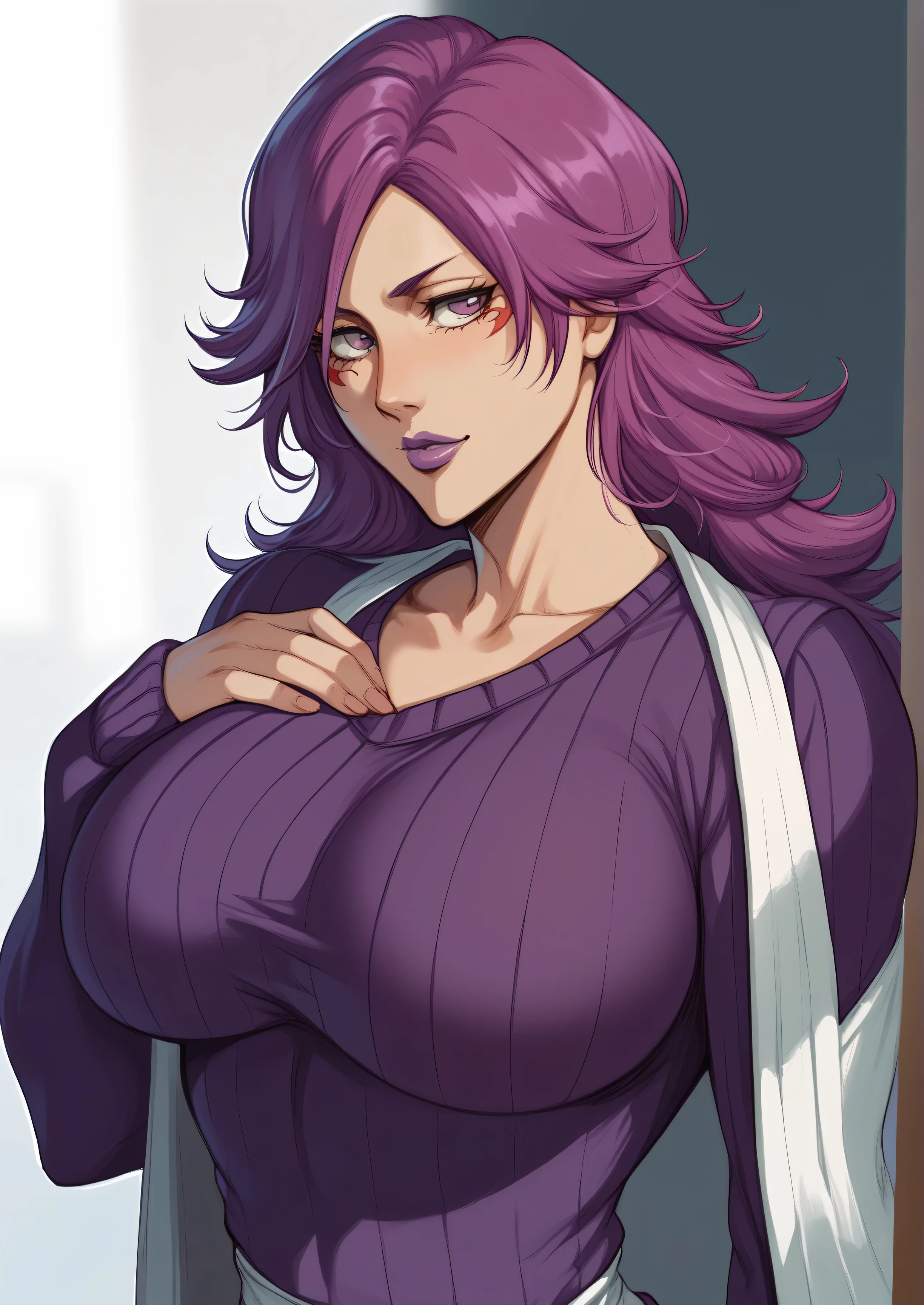 1girl, solo, anime, bleach anime ,kirio hikifune, purple hair, purple eyes, purple lips, wearing purple sweater, full sleeves,  tight fitting, holding chest ,medium chest,shy, curvy body, looking at viewer, ,portrait, masterpiece, hd quality