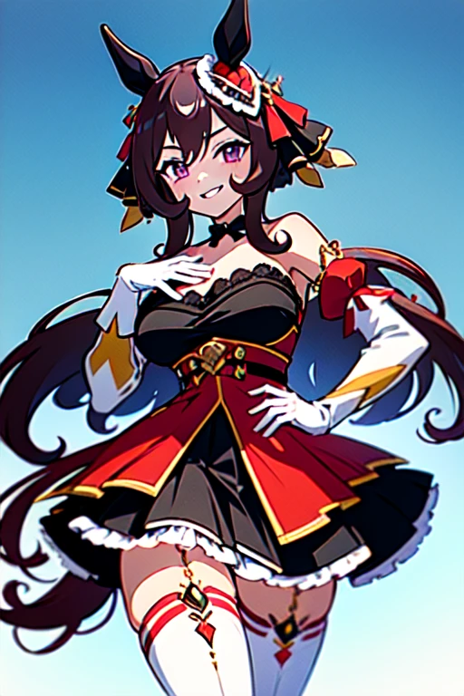 gentildonna,umamusume,1girl, animal ears, solo, purple eyes, horse tail,large breasts,,light smile,best quality,bare shoulders, white gloves, black belt on the chest, red dress, frills, ribbon, black skirt, thighhighs, white legwear, large breasts, hand on own hip, smug,