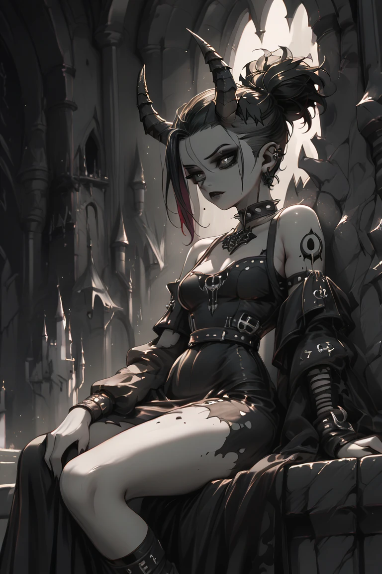 gothic punk demon queen with black and white small horns in black galactic dress sitting on the castle wall looking at the night sky