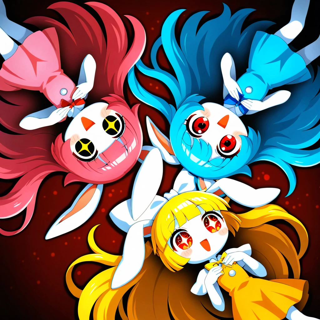 bird's eye view, (3girls lying down smiling:1.4). BREAK .1girl\(pink hair, very long hair , bangs, (Fluffy White Rabbit-ear),  Red Eyes,  Big Eye,  Beautiful sparkling eyes,  white skin, big hairbow, pink dress, at left\). BREAK .1girl\(Blue Hair, very long hair ,bangs, (Fluffy White Rabbit-ear), Red Eyes, Big Eye, Beautiful sparkling eyes, white skin, big hairbow, blue dress,at right\). BREAK .1girl\(blondes, very long hair , bangs, (Fluffy White Rabbit-ear), Red Eyes,  Big Eye,  Beautiful sparkling eyes,  white skin, big hairbow, yellow dress, at top, body upside down\), background\(cute, pop, many heart symbols\). masterpiece, best quality