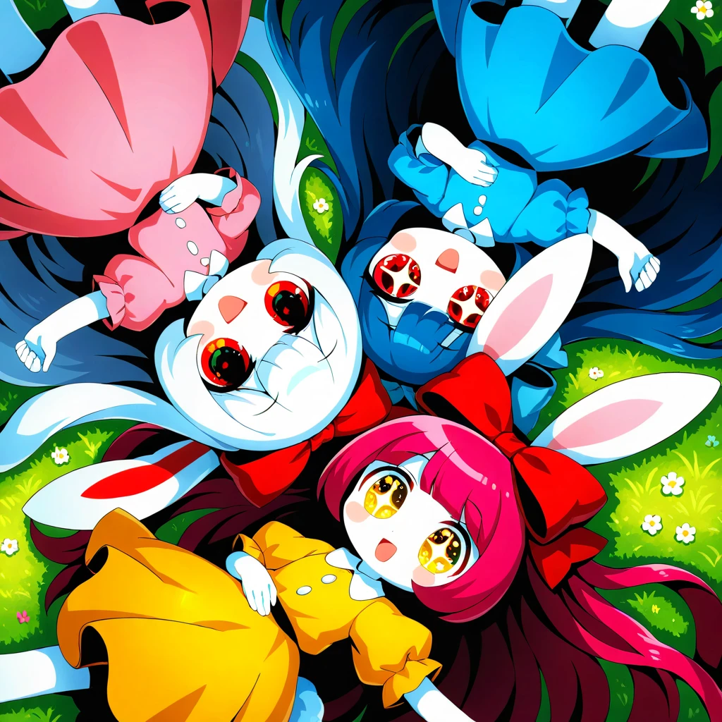 bird's eye view, (3girls lying down smiling:1.4). BREAK .1girl\(pink hair, very long hair , bangs, (Fluffy White Rabbit-ear),  Red Eyes,  Big Eye,  Beautiful sparkling eyes,  white skin, big hairbow, pink dress, at left\). BREAK .1girl\(Blue Hair, very long hair ,bangs, (Fluffy White Rabbit-ear), Red Eyes, Big Eye, Beautiful sparkling eyes, white skin, big hairbow, blue dress,at right\). BREAK .1girl\(blondes, very long hair , bangs, (Fluffy White Rabbit-ear), Red Eyes,  Big Eye,  Beautiful sparkling eyes,  white skin, big hairbow, yellow dress, at top, body upside down\), background\(cute, pop, many heart symbols\). masterpiece, best quality