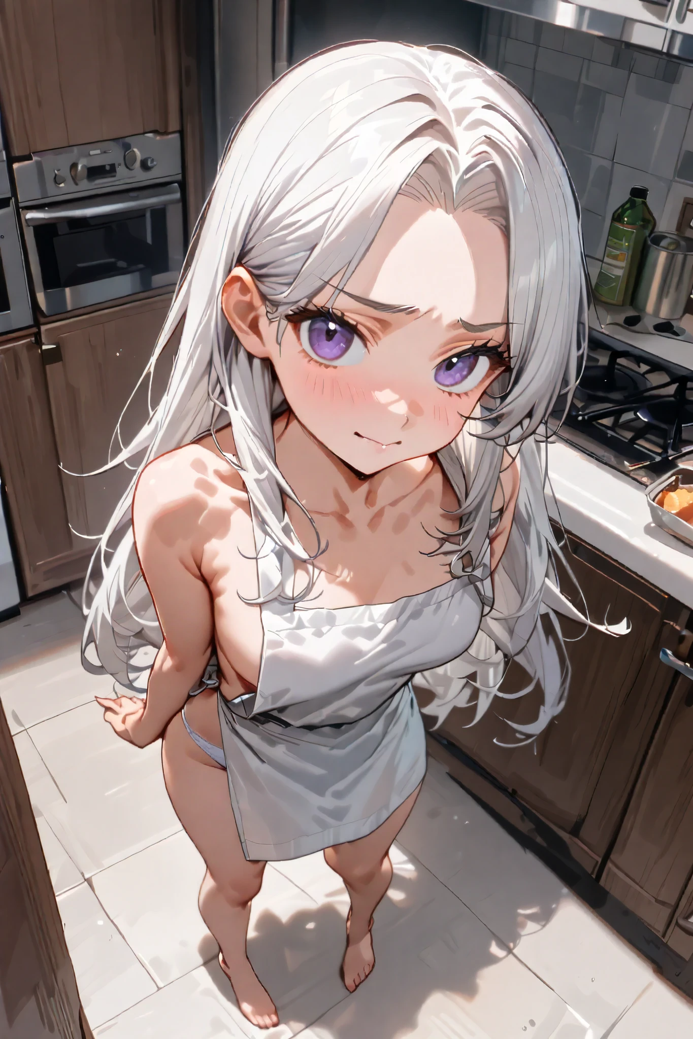 1 girl, medium , blue colored eyes, beautifuleyes, platinum white hair, double tail hair style, pale white skin, soft skin, freckles on the face, Leather thigh straps, nice cleavagy, sensuous, irreverent, Grinning, to provoke, burlas, close up, upper-body shot, burlas, sensuous Pose, showing off in the mirror, Mirror Showing her ass, sexy nude
