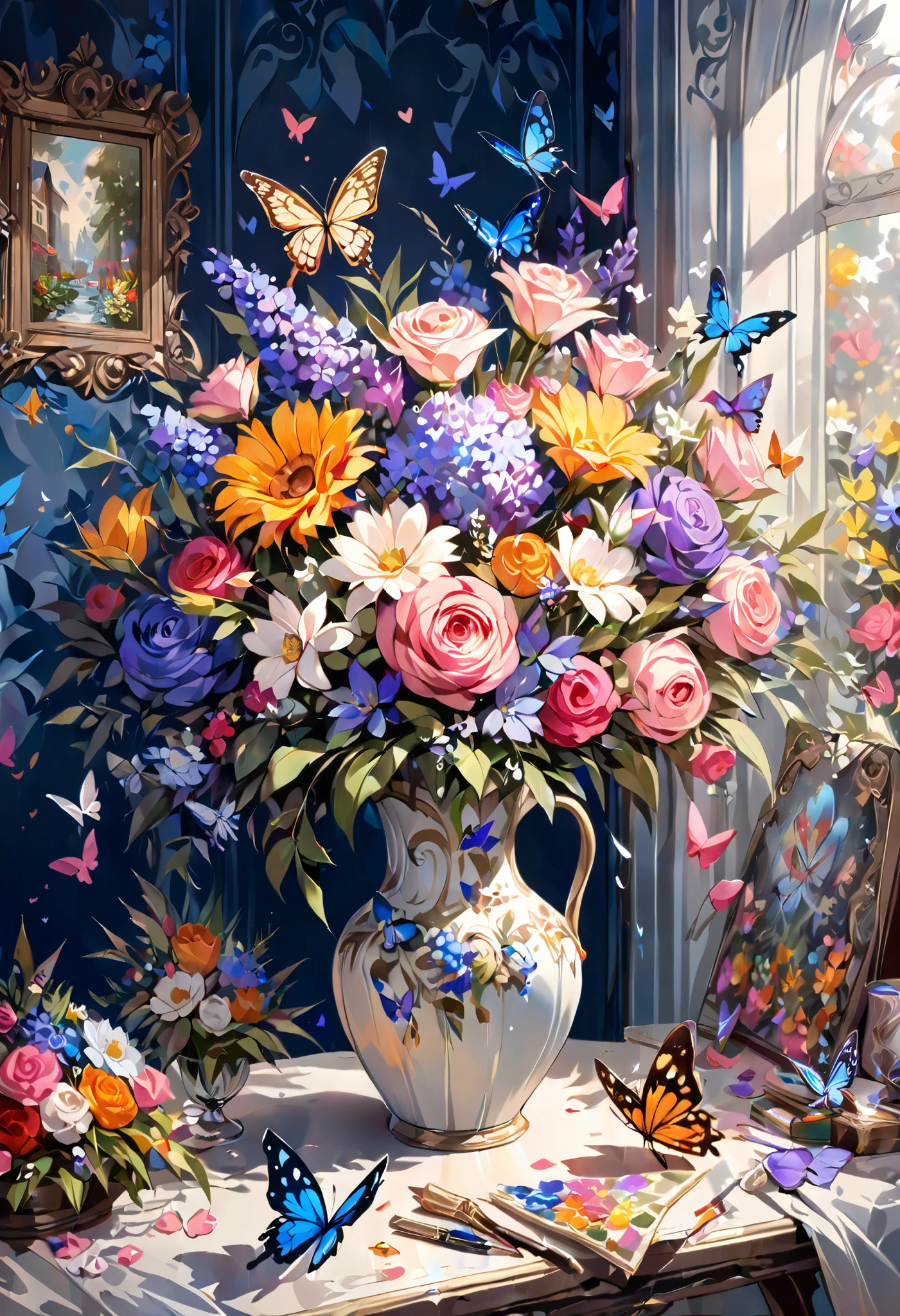 beautiful , a bouquet, colors , image, In the painting , oil paints , rich colors , Better quality , Lots of Details , colorful brushstrokes , Butterflies, hearts, wallpaper, Better quality , Lots of Details , masterpiece fails, monotone art, 8 k, перелив colors ,