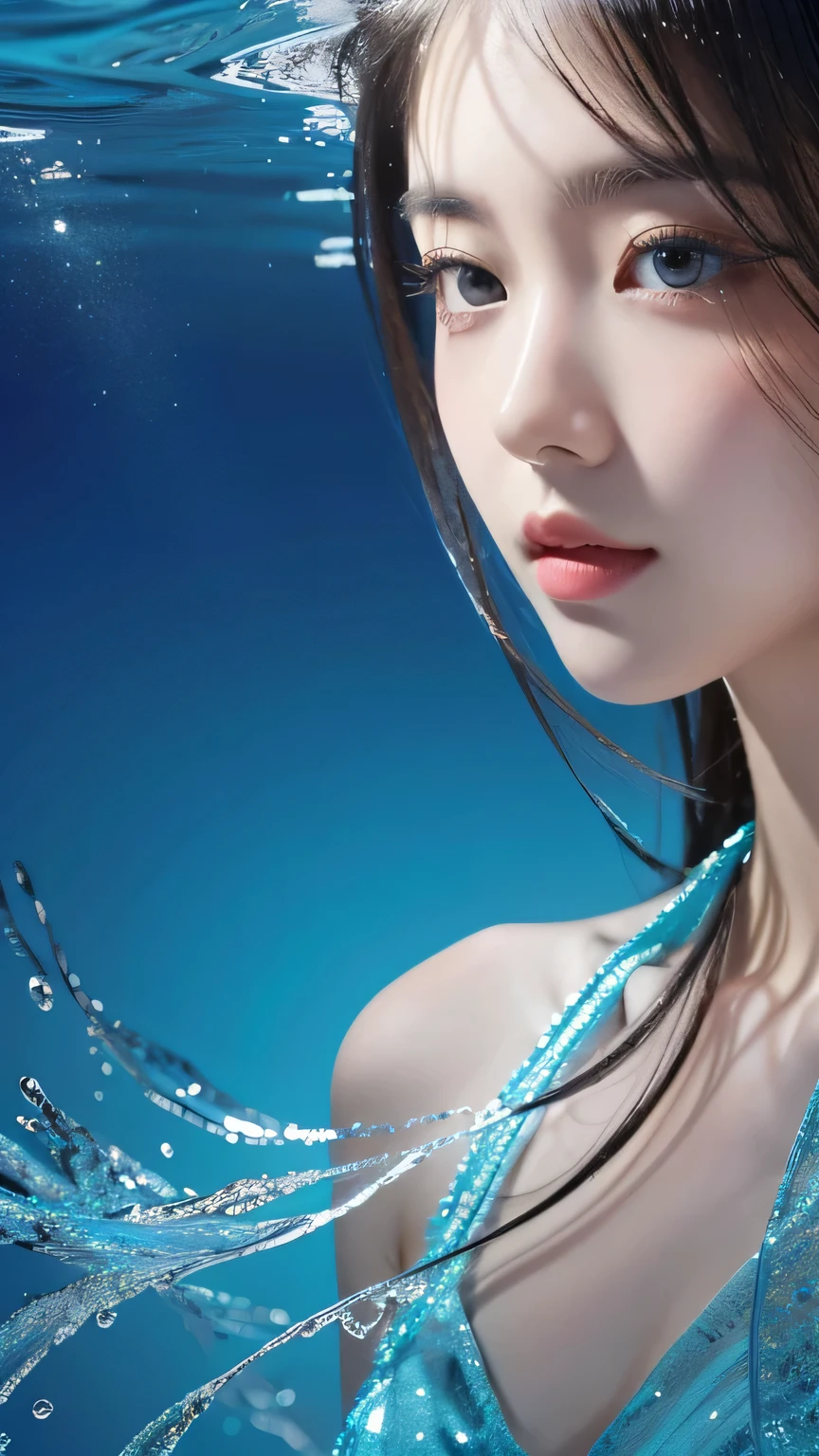 gufeng,Bare shoulders, Best Quality， masterpiece， Ultra High Resolution ，Clear face,（ realism ：1.4）， original photo，Cold Light， Woman in Clear Dress Underwater， Full Body Photo ， Wallpaper Anime Blue Water ，Gurwitz-style artwork，  close-up fantasy of water magic ，author：Yang Jie，Gurwitz， a beautiful art illustration ， water fairy ， Beautiful digital art ，Beautiful digital illustrations，Li Song，A beautiful anime portrait，Bovo &#39; art style 