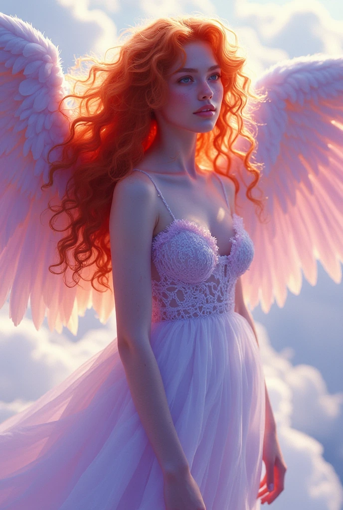 (best quality, 128k,highres,masterpiece:1.2),ultra-detailed,(realistic,photorealistic,photo-realistic:1.37), ((masterpiece)) ((photography)) ((Highest quality)) A hyper-realistic illustration of a stunning red-haired angelic curvy 40 years old woman with curly, fiery locks cascading over her shoulders. She has a curvy, voluptuous figure, exuding grace and divine beauty. Her large, feathered wings blend white and violet hues, shimmering softly with an ethereal glow. She is dressed in a flowing gown made of delicate silk and lace, designed in shades of white and violet. The dress clings lightly to her form, with intricate details that highlight her elegance and femininity. The background is a serene, heavenly setting with soft clouds and radiant light, emphasizing her divine and enchanting presence.