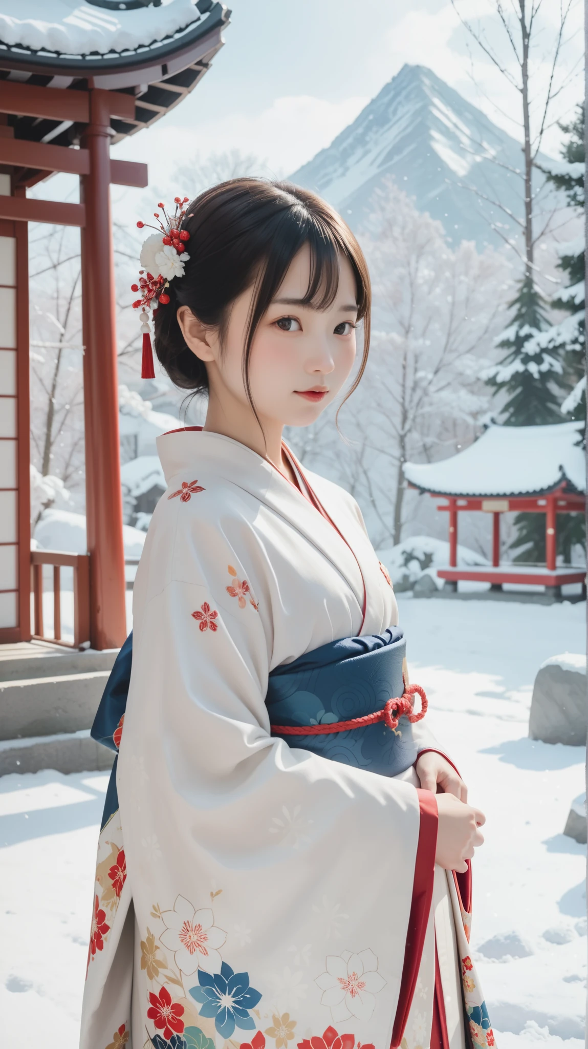 (Masterpiece,  best quality :1.2),  1 GIRL, Alone,  little chest,  coming-of-*** ceremony photos ,  kimono, Long-sleeved kimono, Clear posture, Healthy Photos,  snowy shrine ,  Snow Scenery , Winter protection measures ,  very cute girl, 