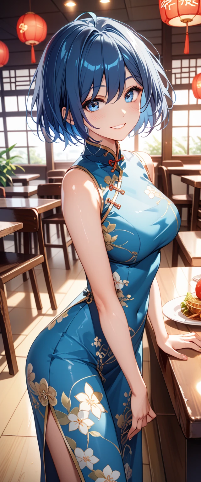 (Akane Kurokawa)、((  1 woman )、(Chinese Restaurant) 、(()、((  Wear Chinese clothing))、 masterpiece、 high definition 、  High Quality  、32K、(( bright blue hair、 short cut hair 、Shiny hair quality))、(())、 ( Bright blue eyes)、(  and smile gently)