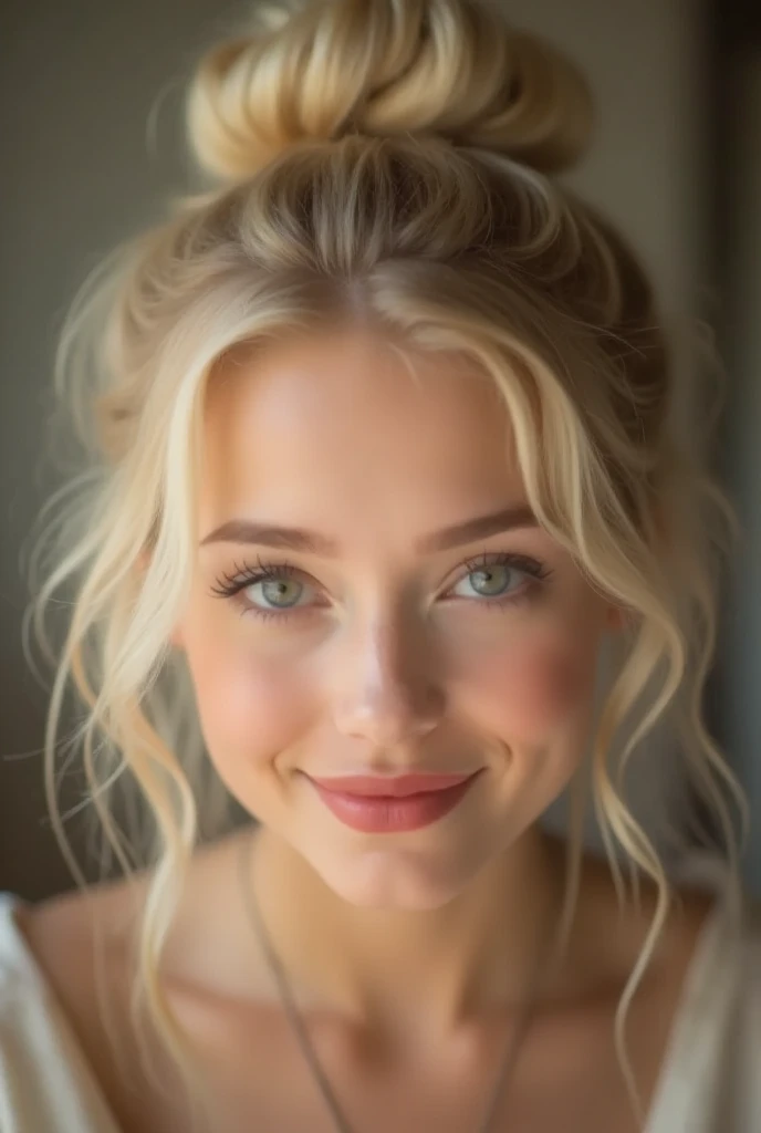 portrait,  smiles, all hair is in a bun ,  Realistic image , Realistic Realistic photo of a girl with a perfect hairstyle ,   blonde ,  bun hair , hair doesn't lie on the face,  kneeling on the floor in front  , 4K, Darling,without tattoos ,  very pretty face , the golden ratio on the face, beautiful girl