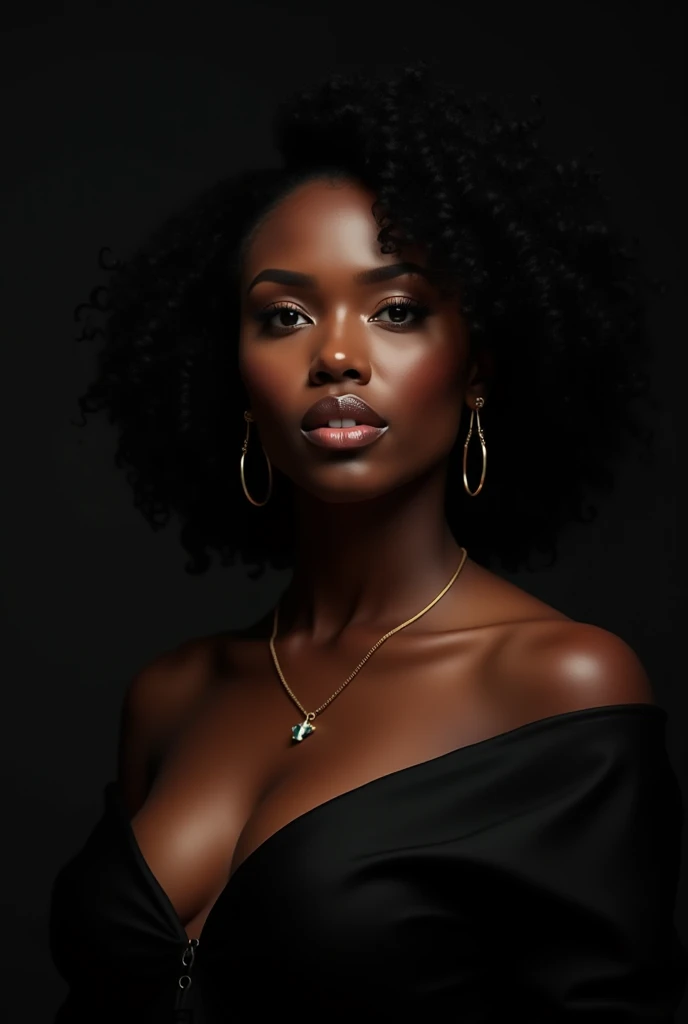 (best quality,highres,realistic:1.37),dark skinned girl,beautiful detailed eyes,luscious detailed lips,vivid colors,soft and smooth skin,curly hair,stylish outfit,confident posture,against a dark background,studio lighting,soulful expression,fierce gaze,subtle highlights,dramatic shadows,bokeh