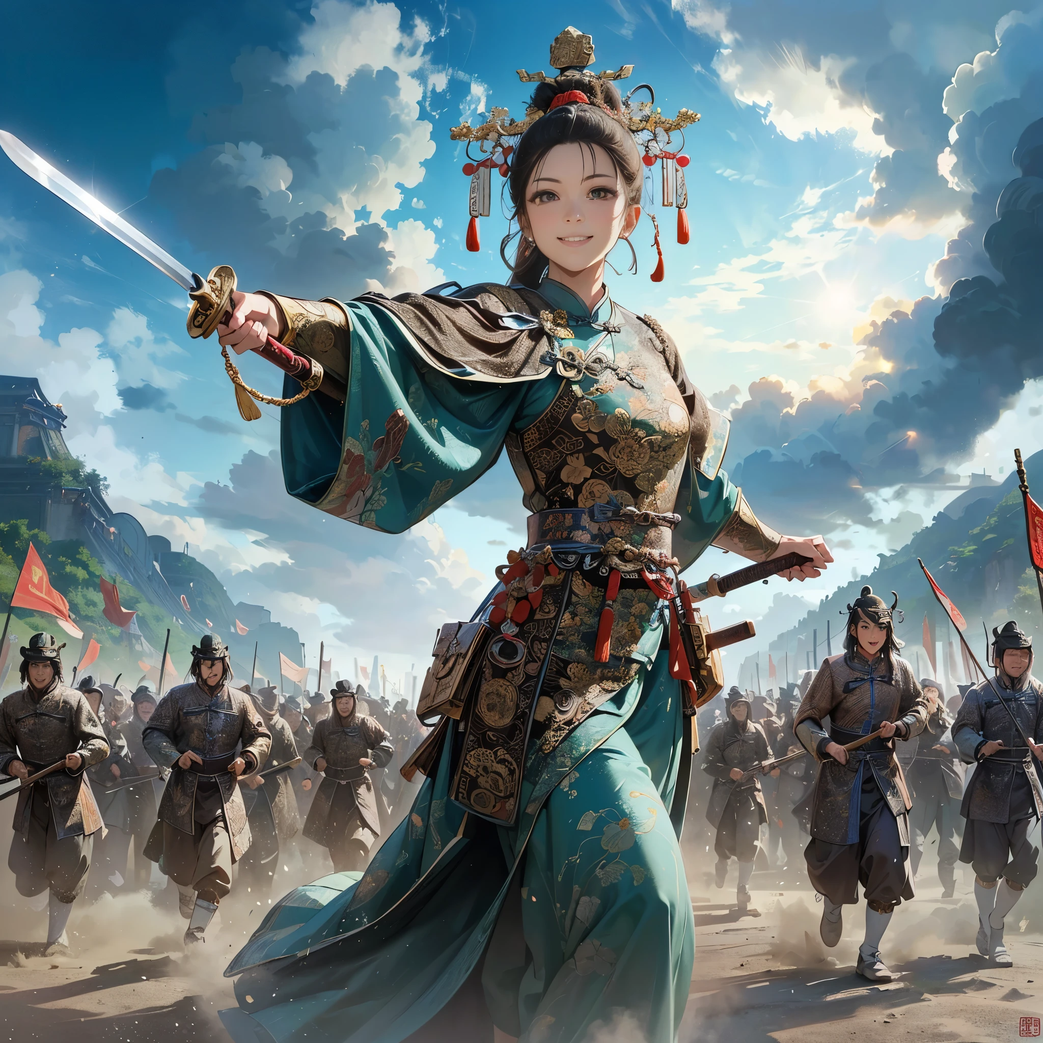 (masutepiece:1.2), (Best Quality:1.2), (high resolution:1.2), (beautiful face and eye:1.2), (sharpest focus:1.2), (Ultra-realistic Photo:1.2), (Ultra-precise Photo:1.2), (Depth of field:1.2), (perfect anatomy:1.2), (nice hands:1.2),
(perfect hands:1.2), (Chinese Song dynasty middle-aged female military chief:1.0), (female military commander leading daughter army with Chinese sword raised wide:1.0), (Fearless smile:1.5), (winning smile:1.5),
(daughter army approaching with a cloud of dust:1.0), (beautiful and magnificent natural land of Song dynasty China:1.5), (incoming clouds rising in the clear blue sky:1.0), (tremendous superlative perspective:1.0),