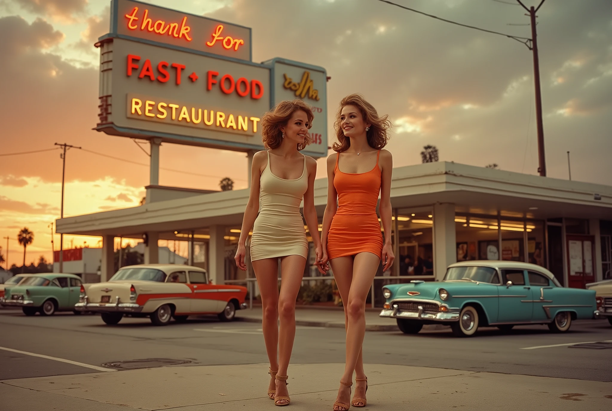 An Panavision cinematic photo of two Woman with light brown beehive hairstyle from the 60s ,tall skinny and slim woman with 60s skintight minidresses, Cork high heels, long skinny legs, there skin is slightly sun-tanned , happe faces this is how she poses in the USA in front of a large American fast food restaurant from the 60s at sunset LA, Obove the burger place is an big sign with the text "Thx for 500+ Subs" , traditinal 50s and 60s american cars on street, beautuful summer weather, stunning picture,