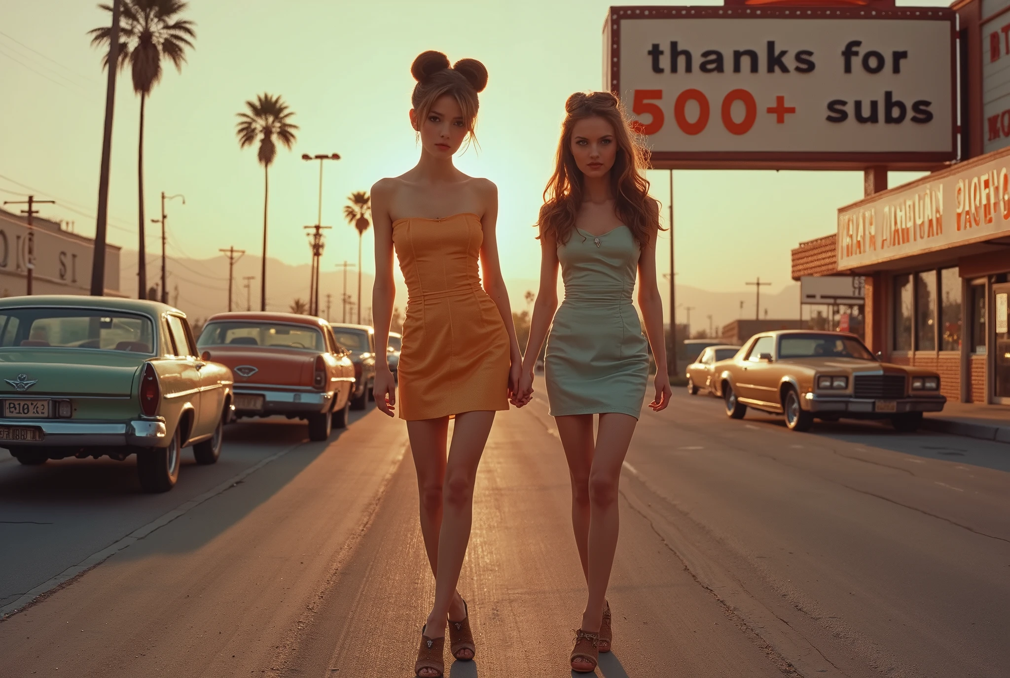 An Panavision cinematic photo of two Woman with light brown beehive hairstyle from the 60s ,tall skinny and slim woman with 60s skintight minidresses, Cork high heels, long skinny legs, there skin is slightly sun-tanned , happe faces this is how she poses in the USA in front of a large American fast food restaurant from the 60s at sunset LA, Obove the burger place is an big sign with the text "Thx for 500+ Subs" , traditinal 50s and 60s american cars on street, beautuful summer weather, stunning picture,