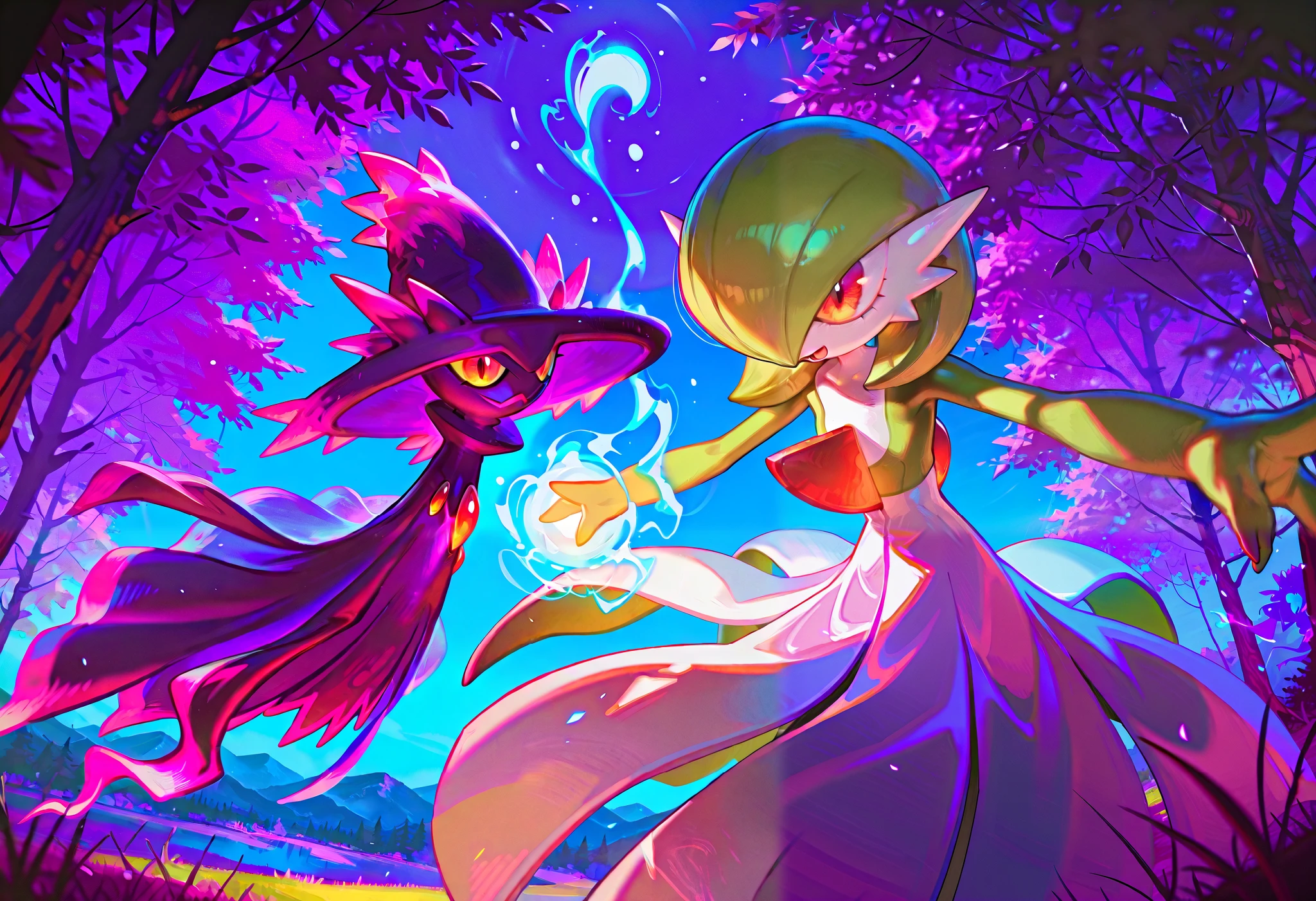 breathtaking illustration of (Duo), furry girls, masterpiece, breathtaking, high deatiled, best quality, trending, 8k,dynamic, extreme high_angle,sdxl, (duo frame), score 9, landscape char1 and char2, [char1="gardevoir:1.5, slim, white and green, on green forest scenario, on the right"].[char2="mismagius:1.5, slim, purple, on purple forest scenario, pn the left"], (illustration:1.3), masterpiece, breathtaking illustration, (magic_battle), glowing magic, , (illustration:1.3), masterpiece, breathtaking illustration,