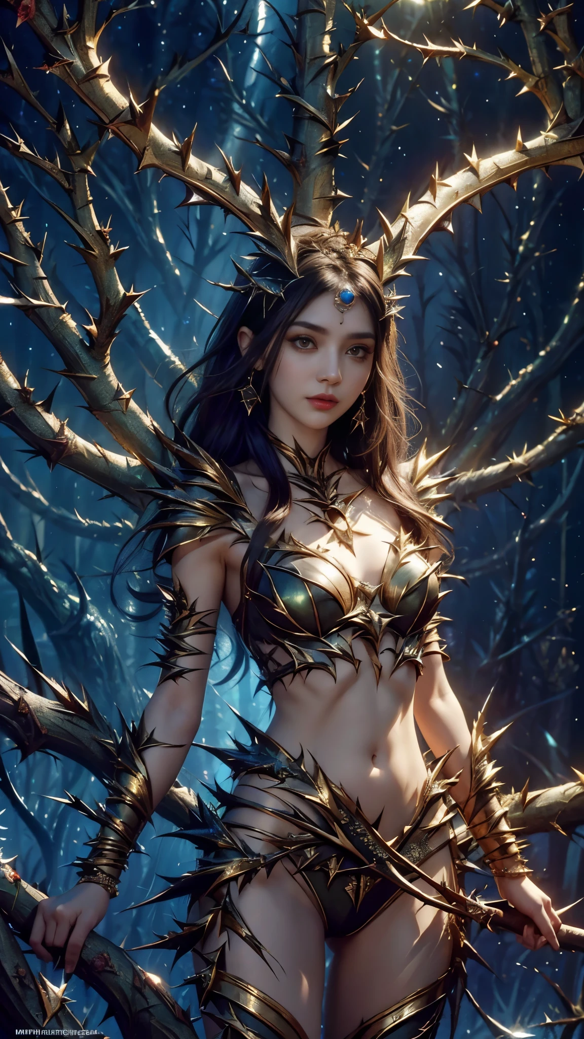 ((best quality)), ((masterpiece)), (very detailed),(( Night )) , Full moon , fairy world, ((fireflies)) , perfect face ( a sexy beautifull fairy queen ) sexy standback pose ,flirty pose , sexy bikini armor , huge breast , nice legs . , smile 0.8 , charming face ,