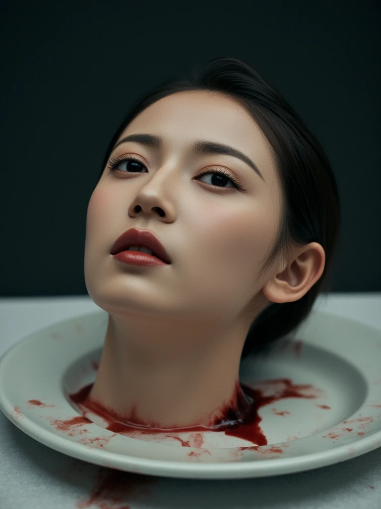   place the head of a decapitated woman , Asia,  Less blood stains   , ((  with eyes closed )),   like a dish on a plate  , Bloody,  actual , 4K, Nikon, fear