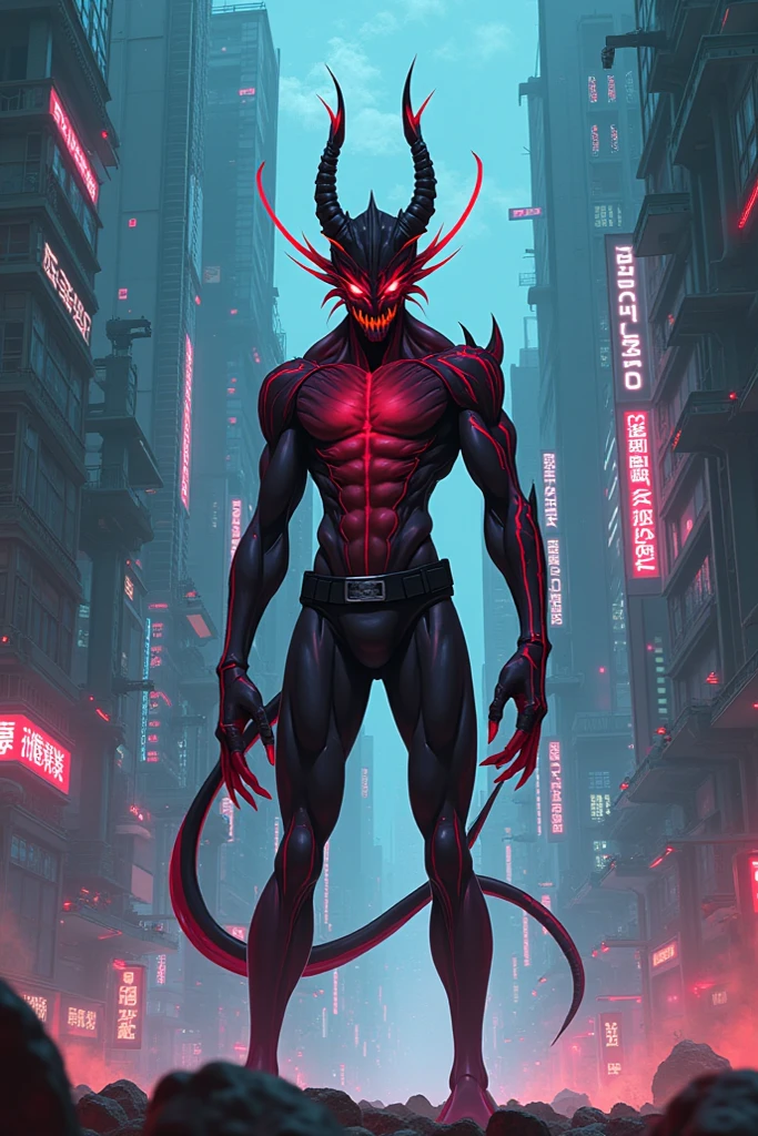 (((3 bodies)))、Human bipedal walking、Black Demon、There is one horn、The background is the city at night