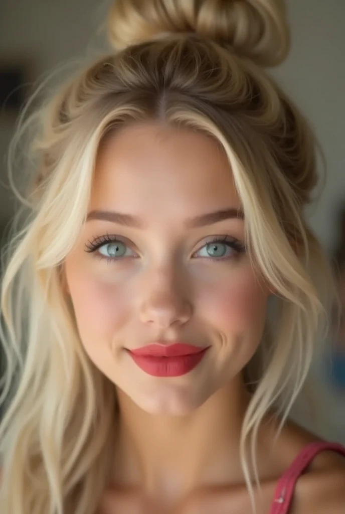 portrait,  smiles, all hair is in a bun ,  Realistic image , Realistic Realistic photo of a girl with a perfect hairstyle ,   blonde ,  bun hair , hair doesn't lie on the face,  kneeling on the floor in front  , 4K, Darling,without tattoos ,  very pretty face , the golden ratio on the face, beautiful girl